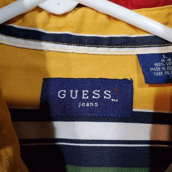 GUESS Shirt Mens Large Green Striped Regular Fit Collar Casual Button Down Vtg - Picture 9 of 12